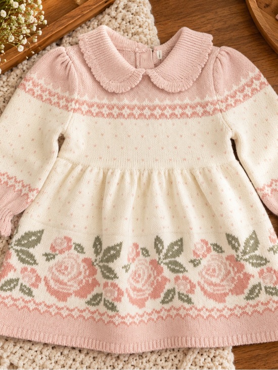 Unknown Other - Girls' Pink & Cream Floral Knit Sweater Dress with Peter Pan Collar